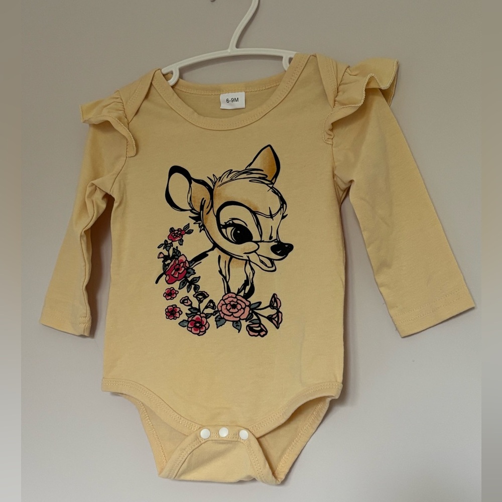 Yellow Baby Bodysuit with Cartoon Deer Print